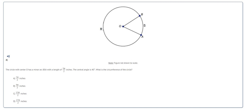 The circle with center O has a minor arc BSA with a length of 3pi/2 inches. The central-example-1