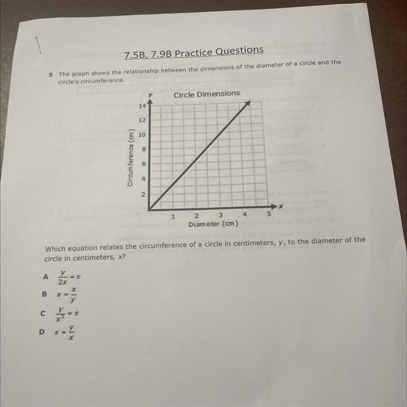 Which equation relates the circumference of a circle in centimeters, y, to the diameter-example-1