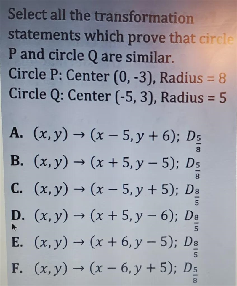 Select all the transformation statements which prove that circle p and q are similar-example-1