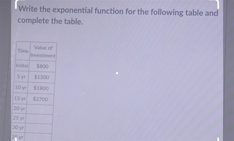 Write the exponential function for the following table andcomplete the table.Value-example-1