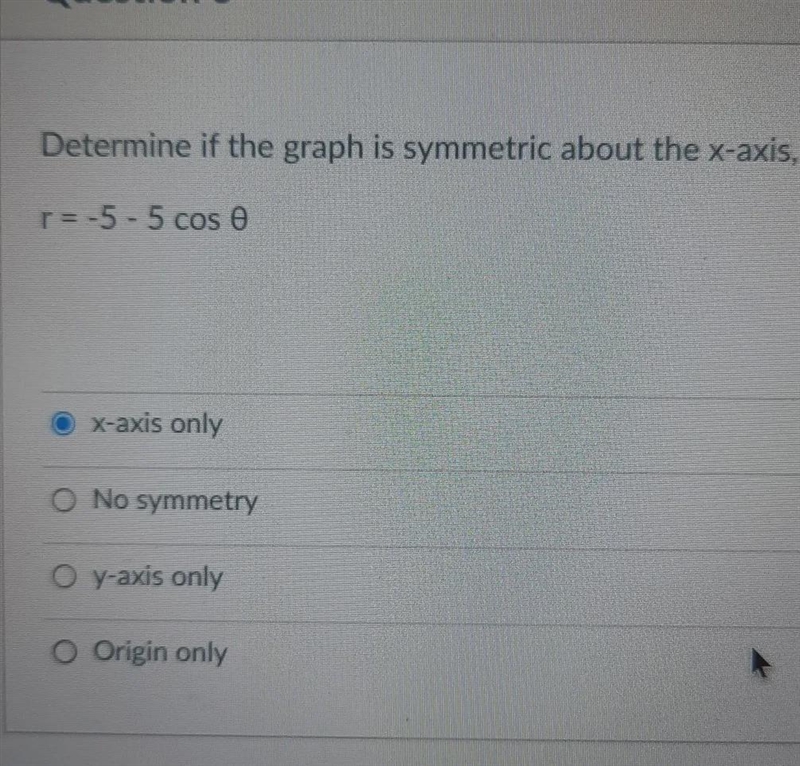 Determine if the graph is symmetric above the x-axis the y-axis or the originr=-5-5costheta-example-1