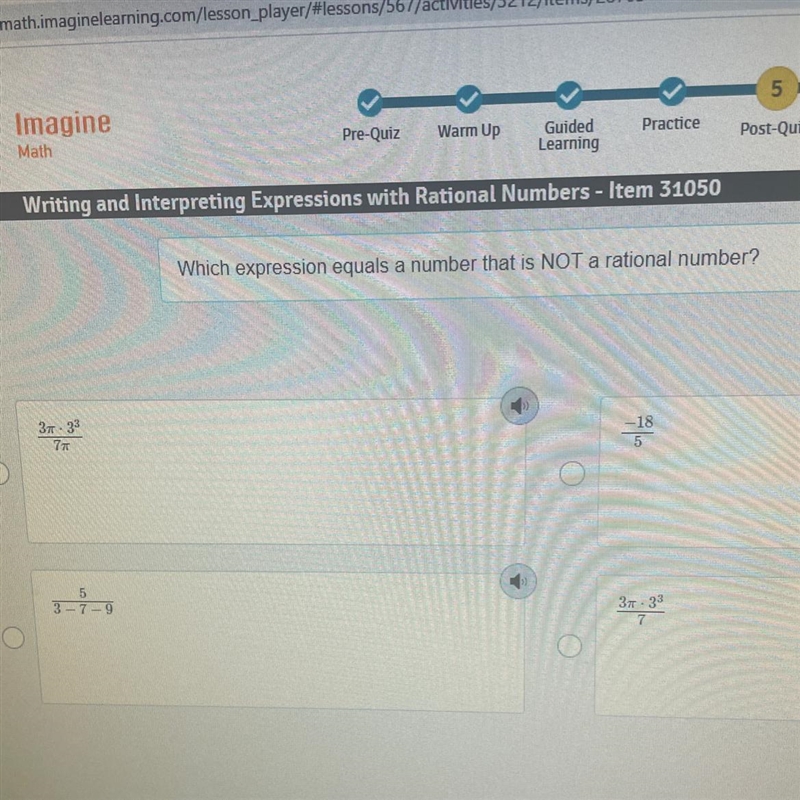 Which expression equals a number that is NOT a rational number? Please help asap-example-1