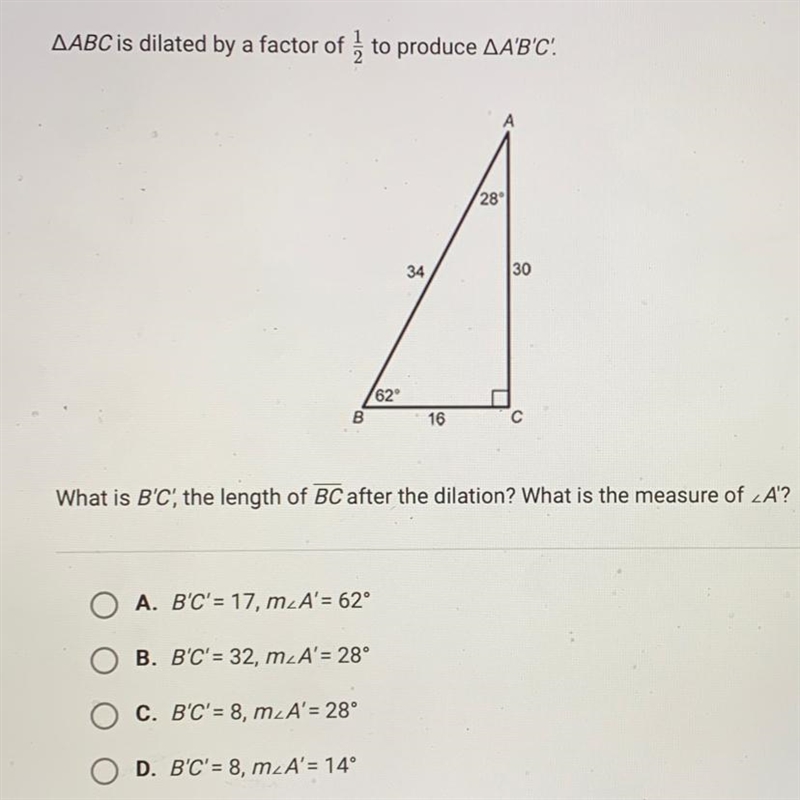 AABC is dilated by a factor of to produce AA'B'C!What is B'C, the length of BC after-example-1