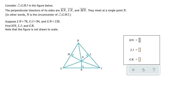 Consider in the figure below. The perpendicular bisectors of its sides are , , and-example-1