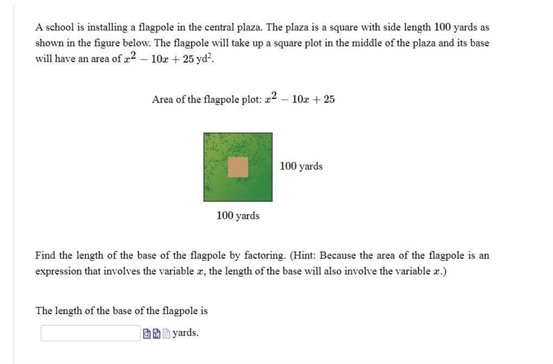 A school is installing a flagpole in the central plaza. The plaza is a square with-example-1