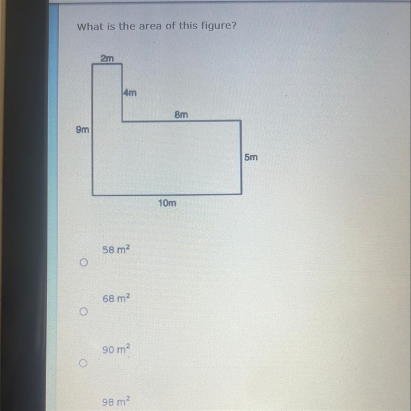 What is the area of this figure • 58m2 • 68m2 • 90m2 • 98m2-example-1