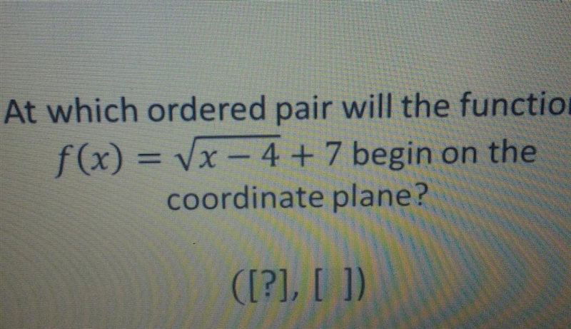 At which ordered pair will the function f(x) = Vx – 4 + 7 begin on the coordinate-example-1