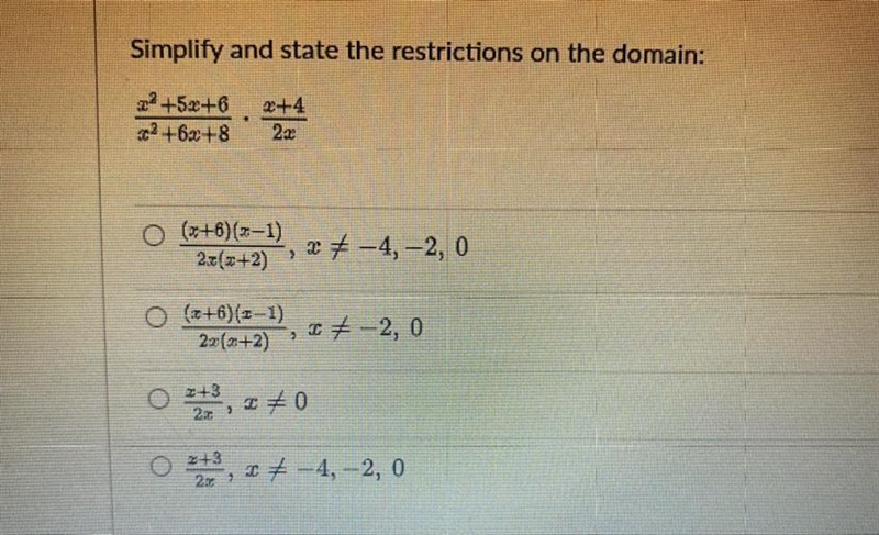 Simplify and state the restrictions on the domain:-example-1