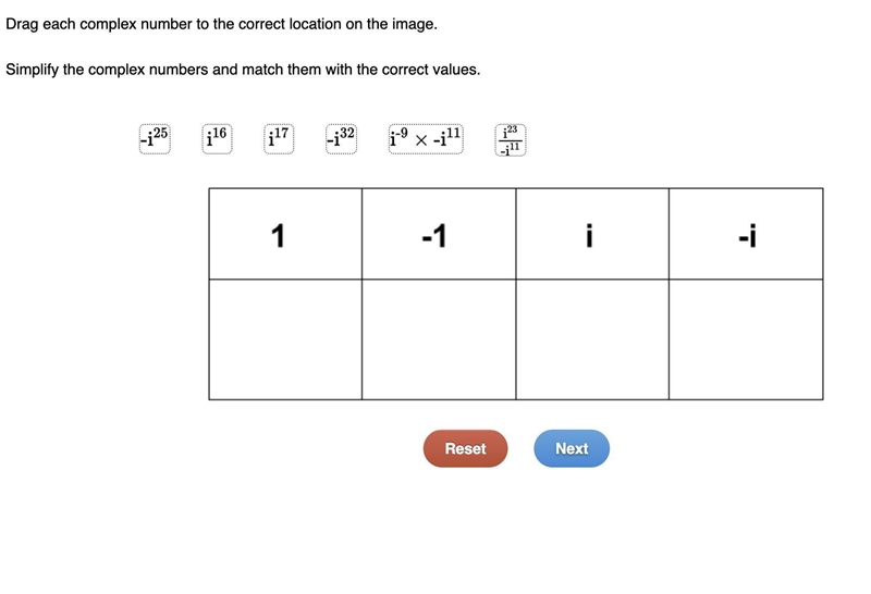 Simplify the complex numbers and match them with the correct values.-example-1