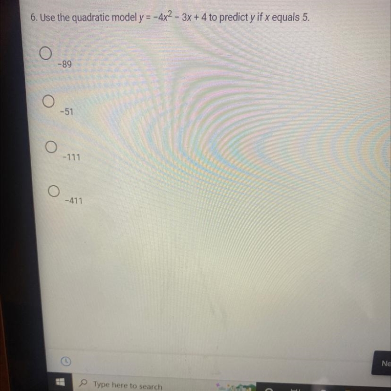 Use the quadratic model y=4x^2 - 3x + 4 to predict y if x equals 5.-example-1