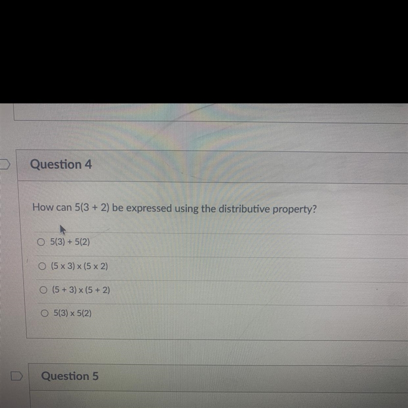 How can 5(3+2) be expressed using the distributive property-example-1