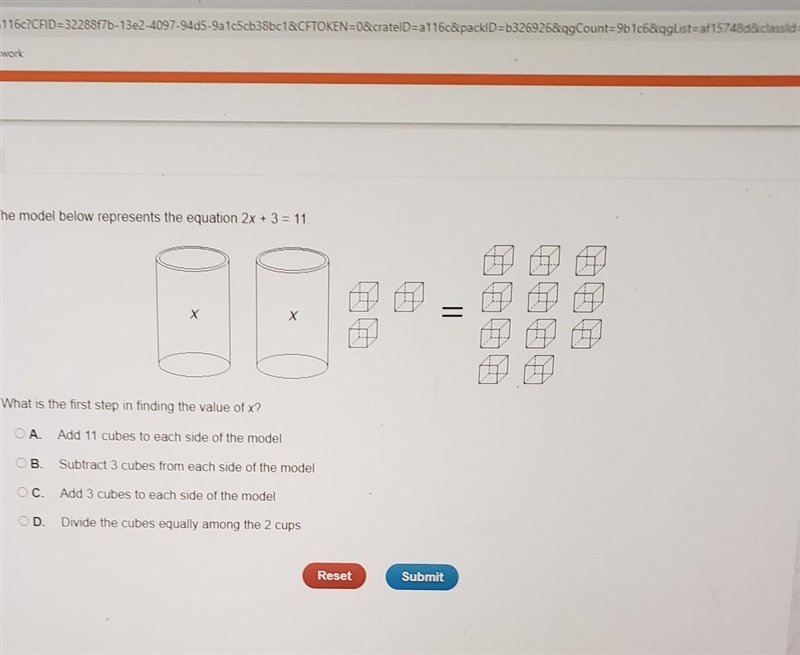 7 The model below represents the equation 2x + 3 = 11 Х X What is the first step in-example-1