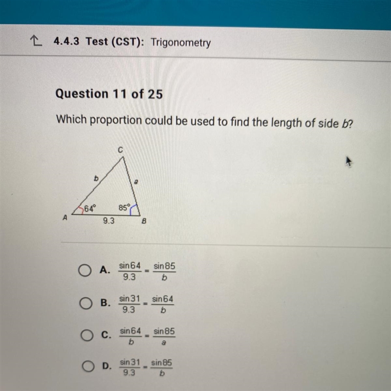 Which proportion could be used to find the length of side b?сba64°85%A9.3B-example-1