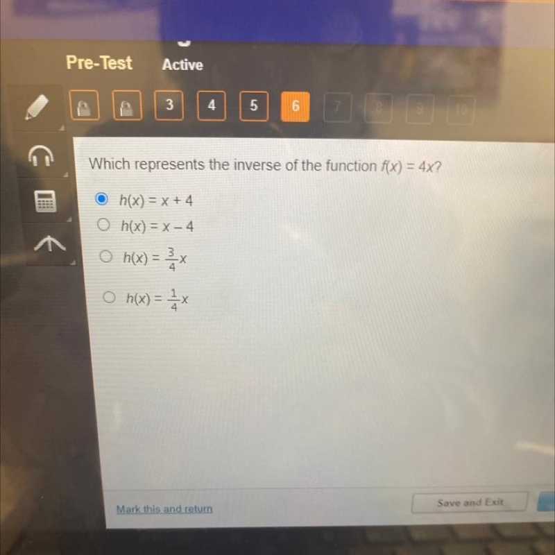 Which represents the inverse of the function f(x) = 4x?-example-1