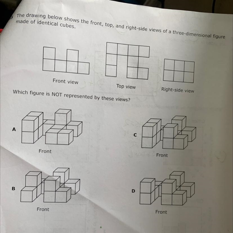 The drawing below shows the front, top, and right side views of a three-dimensional-example-1