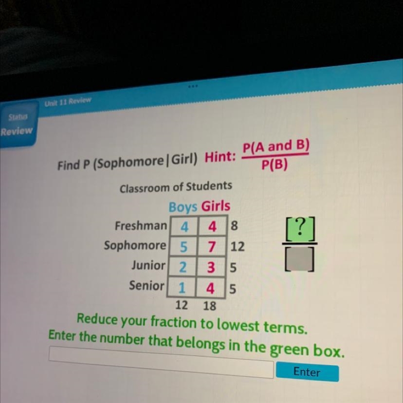 Find P sophomore girl hint: p(a & b)/p(b)-example-1