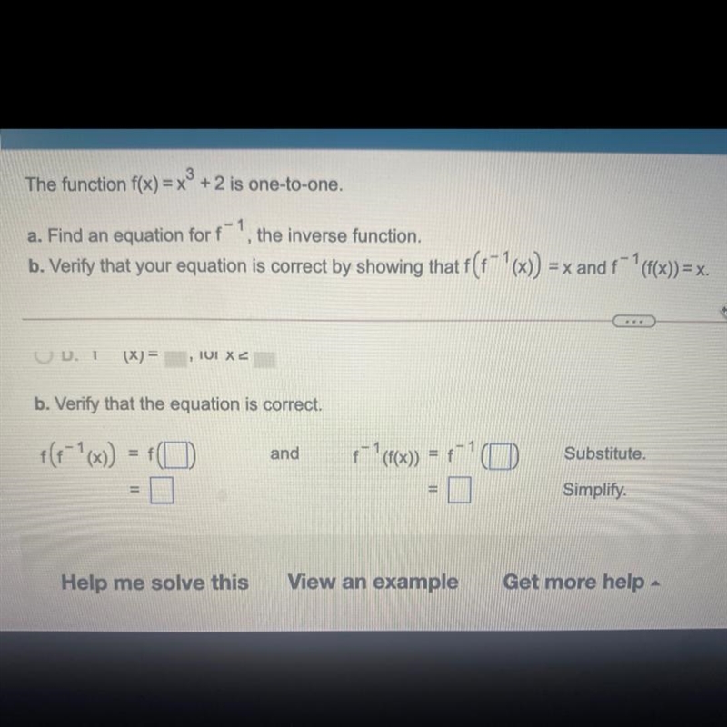 The function f(x)=x^3+2 is one to one Find part B-example-1