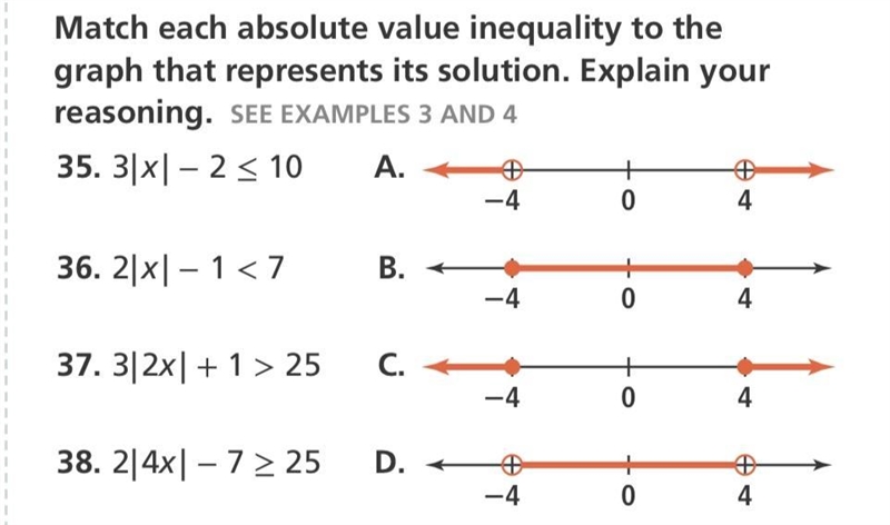 Match each absolute value inequality to the graph that represents its solution.-example-1