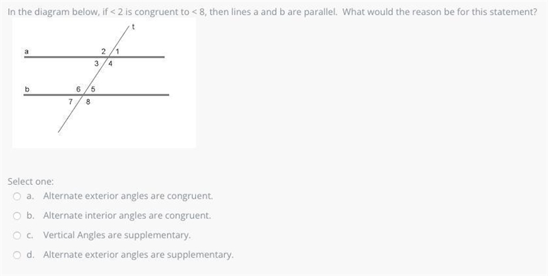 In the diagram below, if < 2 is congruent to < 8, then lines a and b are parallel-example-1