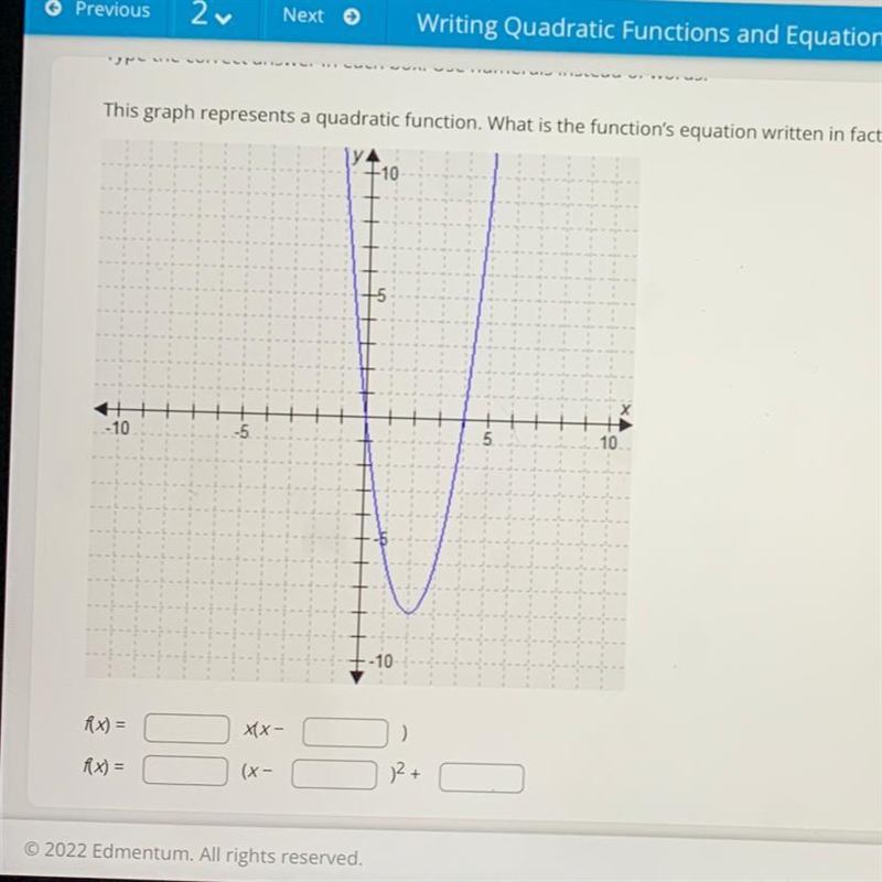 this graph represents a quadratic function. what is the functions equation written-example-1