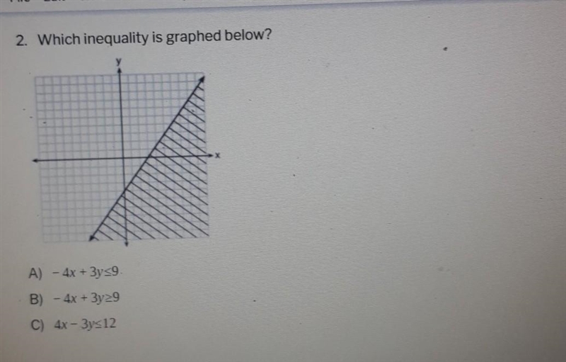 2. Which inequality is graphed below? A) - 4x + 3y:9 B) - 4x + 3y=9 C) 4x – 3y 12-example-1