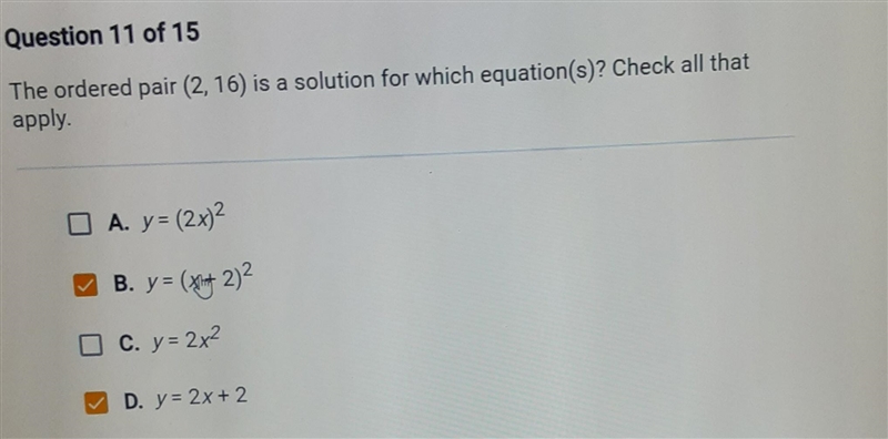 The ordered pair (2,16) is a solution for which equation(s) check all that apply-example-1