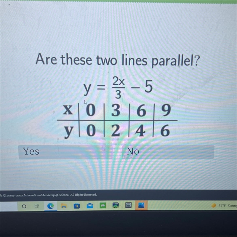 Are these two lines parallel?2x3X 0 3 6 93 69y 0 2 416|02y = x - 5-example-1