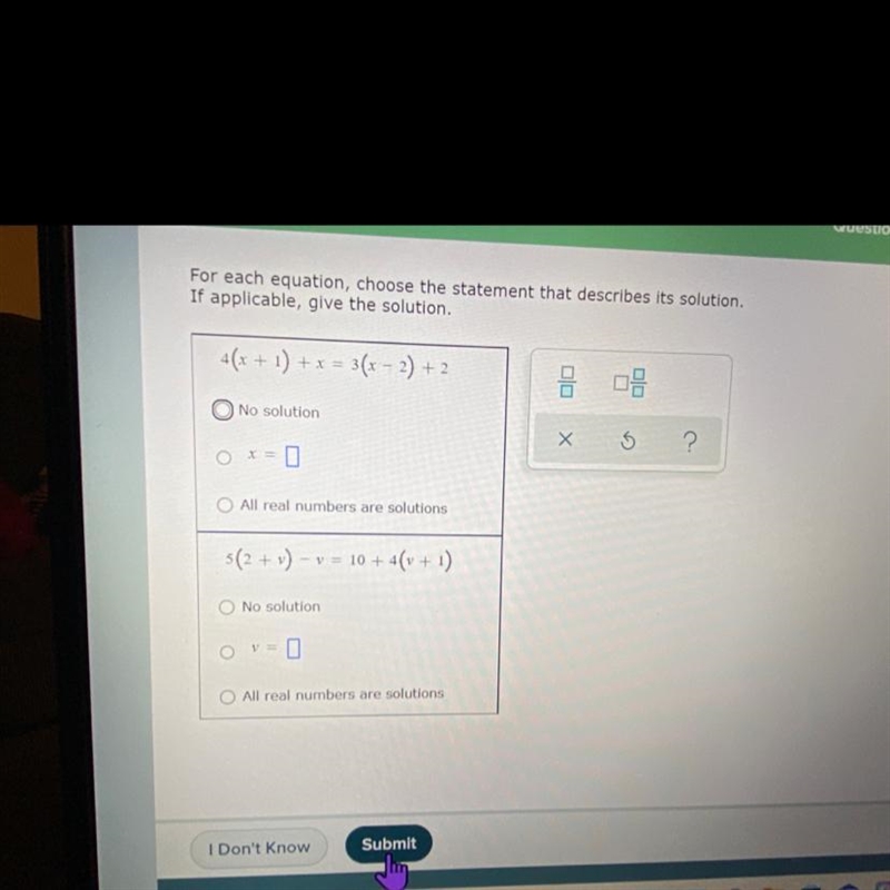 For each equation, choose the statement that describes its solutiorIf applicable, give-example-1