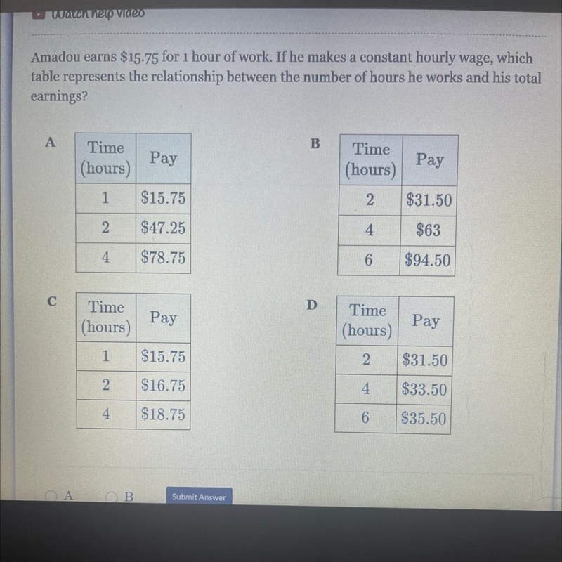 Amadou earns $15.75 for 1 hour of work. If he makes a constant hourly wage, which-example-1