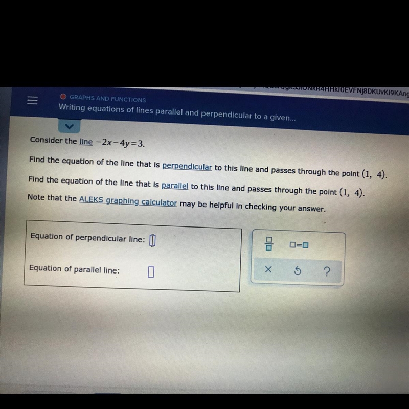 Consider the line - 2x - 4y = 3.Find the equation of the line that is perpendicular-example-1