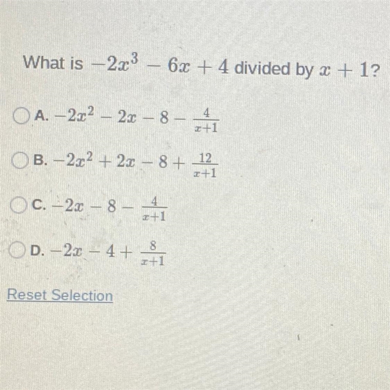 What is -2x^3 - 6x + 4 divided by x + 1-example-1