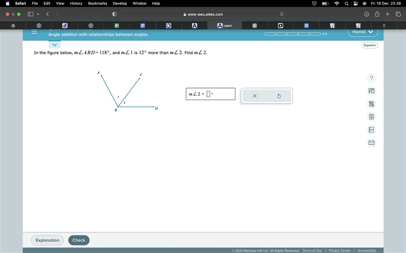 In the figure below, m∠ABD=118°, and m∠1 is 12° more than m∠2 . Find m∠ 2 .-example-1