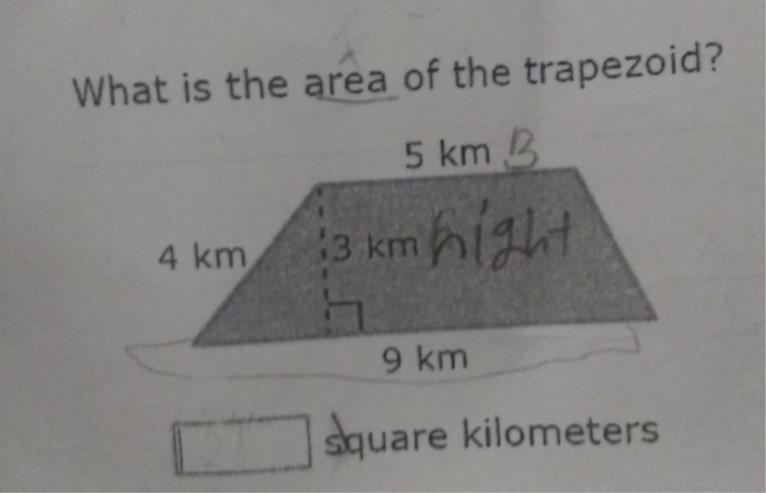 What is the area of the trapezoid? 5 km G 4 km km 9 km 21 square kilometers-example-1