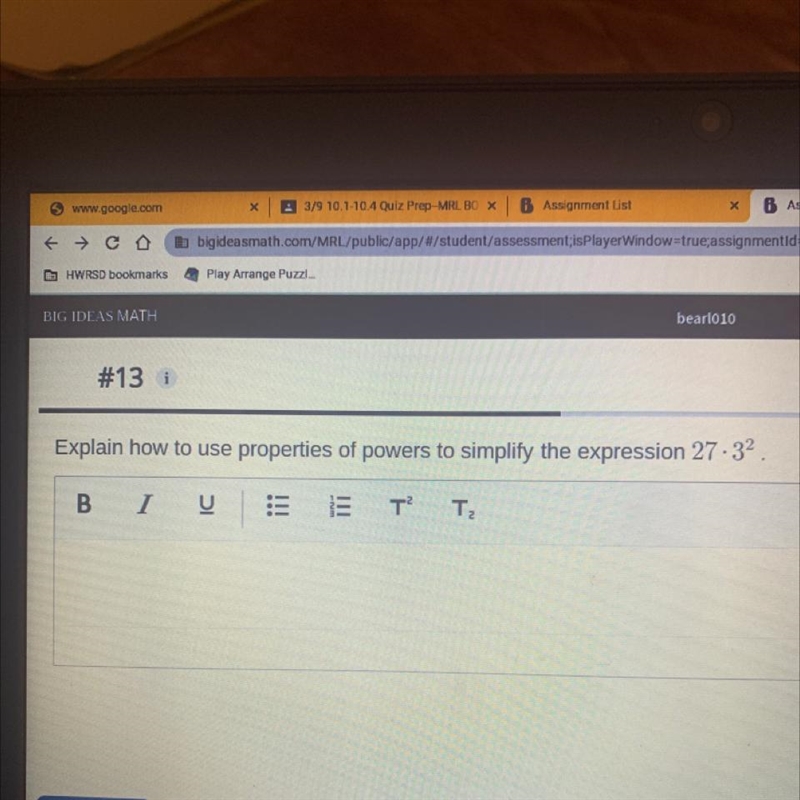 Explain how to use properties of powers to simplify the expression 27 . 3^2.-example-1