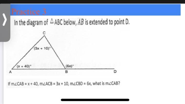 In the diagram of ABC below, AB is extended to point D.с(3x + 10)(x + 40°|(x)&quot-example-1