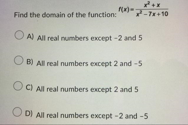 Find the domain of the function: f(x) = x2 + x x2- 7x + 10-example-1