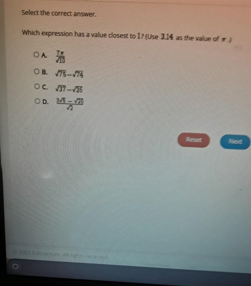 Select the correct answer which expression has a value closest to 1 use 3.14 as the-example-1