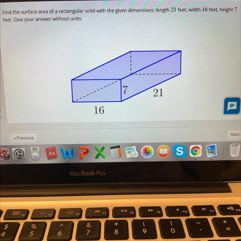 Find the surface area of a rectangular solid with the given dimensions length 21 feet-example-1