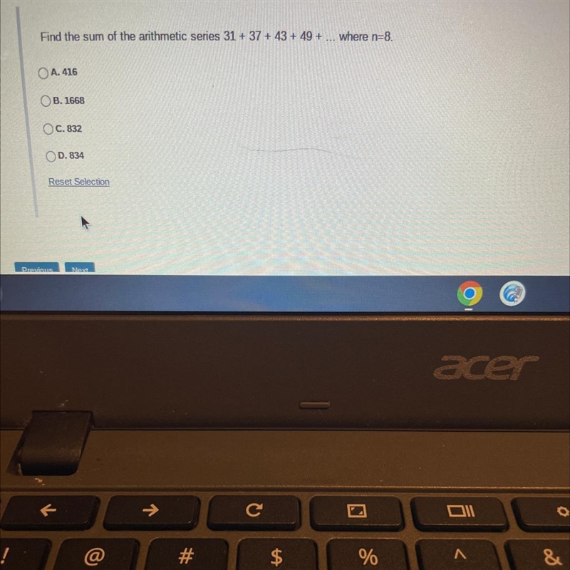 Find the sum of the arithmetic series 31+37 +43 +49 +... where n=8,OA. 416B. 1668OC-example-1