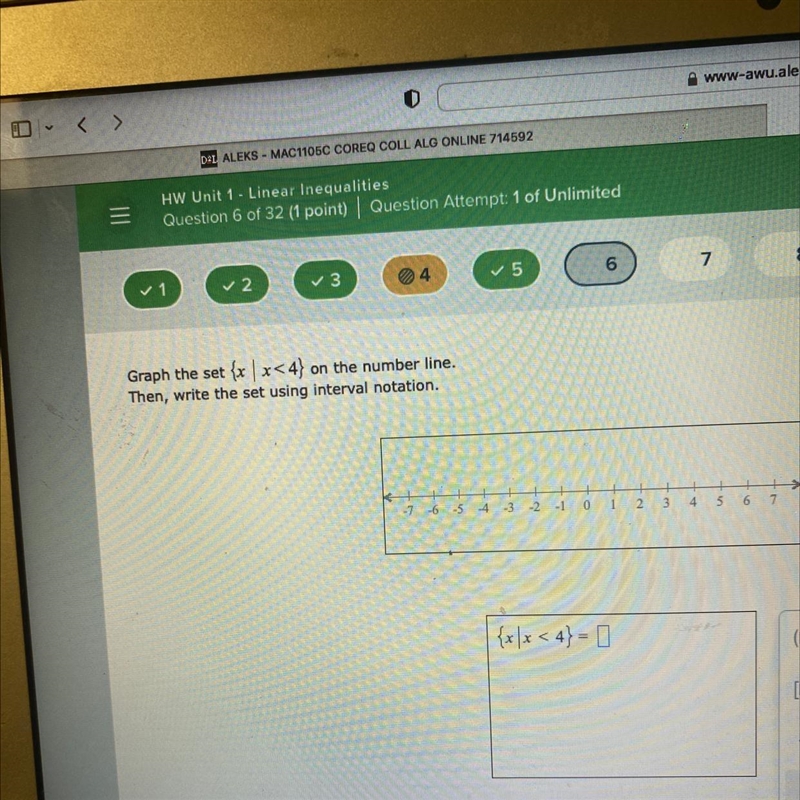 Graph the set {xx<4} on the number line.Then, write the set using interval notation-example-1