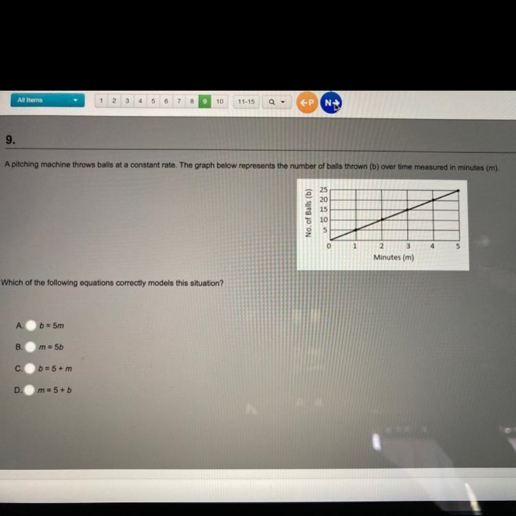 a pitching machine throws balls at a constant rate. the graph below represents the-example-1