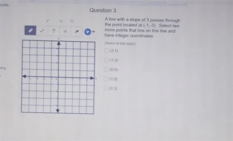 a line with a slope of 3 passes through the point located at (-1,-3). select two more-example-1