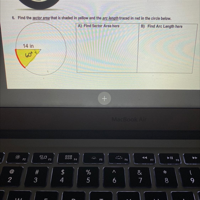 Find the sector area that is shaded in yellow and the arc length traced in red in-example-1