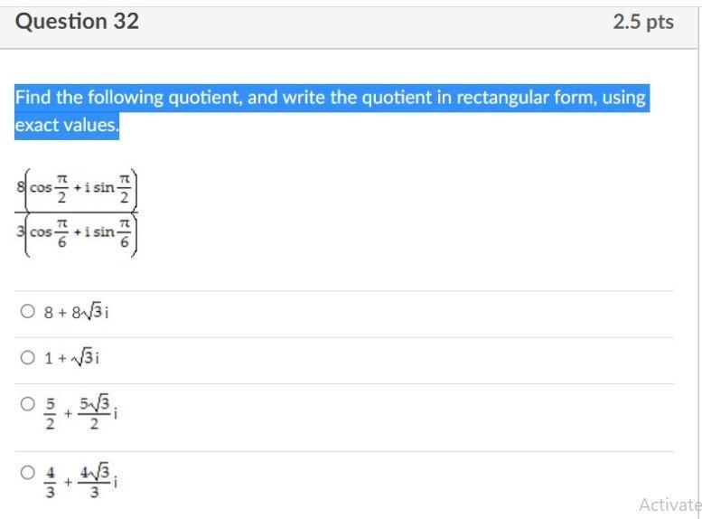 Find the quotient and write it in rectangular form using exact values: 8 ( cos pi-example-1