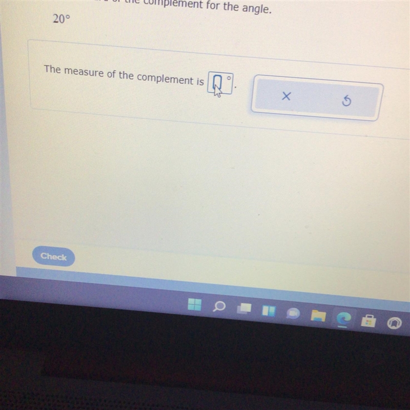 Find a measurement of the complement for the angle 20-example-1