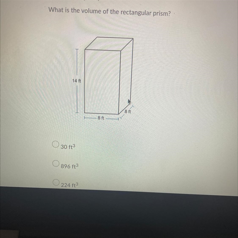 What is the volume of the rectangular prism? 30ft 896ft 224ft 576ft-example-1