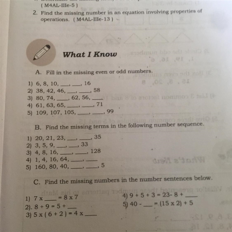 A. Fill in the missing even or odd numbers. - 16 1) 6, 8, 10, 2) 38, 42, 46, 58 3) 80, 74, 62, 56, 4) 61, 63, 65, _ 71 5) 109, 107, 105,99-example-1