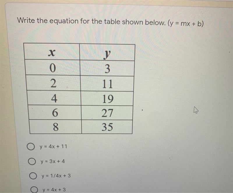 Write the equation for the table shown below. (y = mx + b)х02468y311192735O y = 4x-example-1