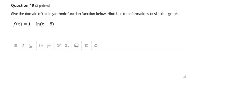 give the domain of the logarithmic function function below. Hint: Use transformations-example-1