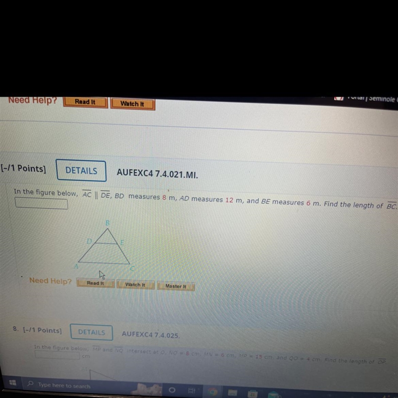 In the figure below, AC || DE, BD measures 8 m, AD measures 12 m, and BE measures-example-1